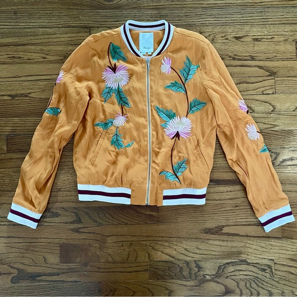 Anthropologie Elevenses Golden Yellow Floral Embroidered Zip Bomber Jacket XS - Picture 5 of 9